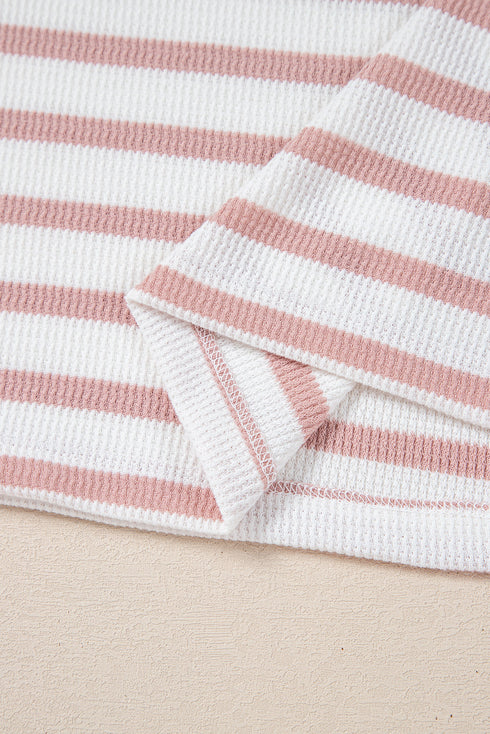 Pink Stripe Waffle Knit Pocketed Half Sleeve Plus Size T Shirt